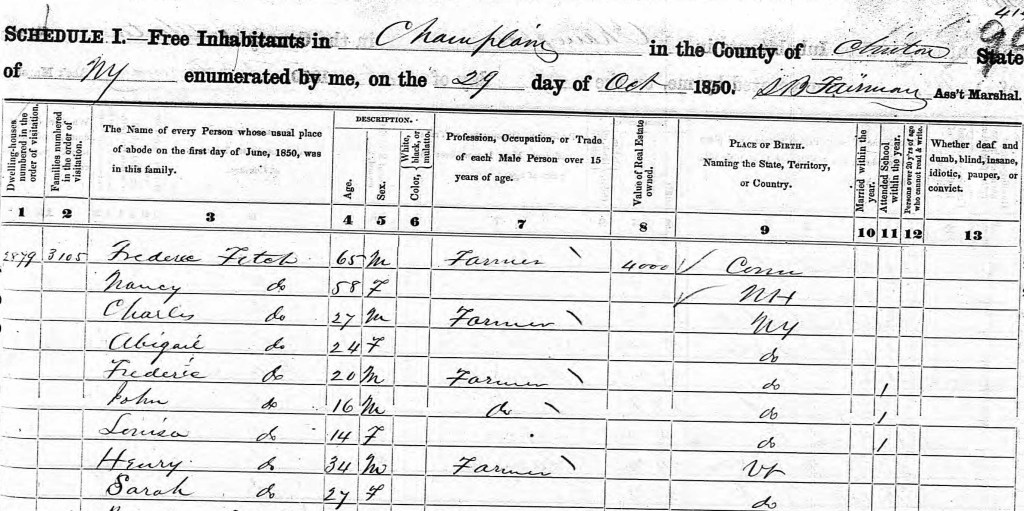 The Fitch household in 1850 that included Frederick, Nancy, and their children and daughter-in-law Sarah