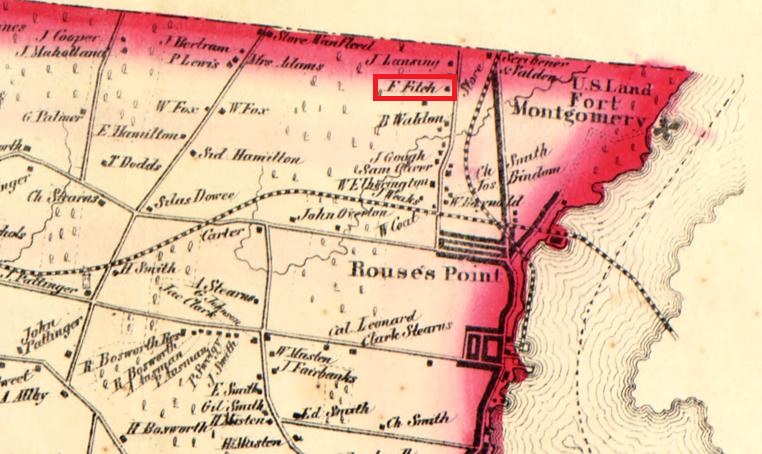 1856 map of Champlain showing the location of the Fitch farm nearby to the railroad and Canadian border