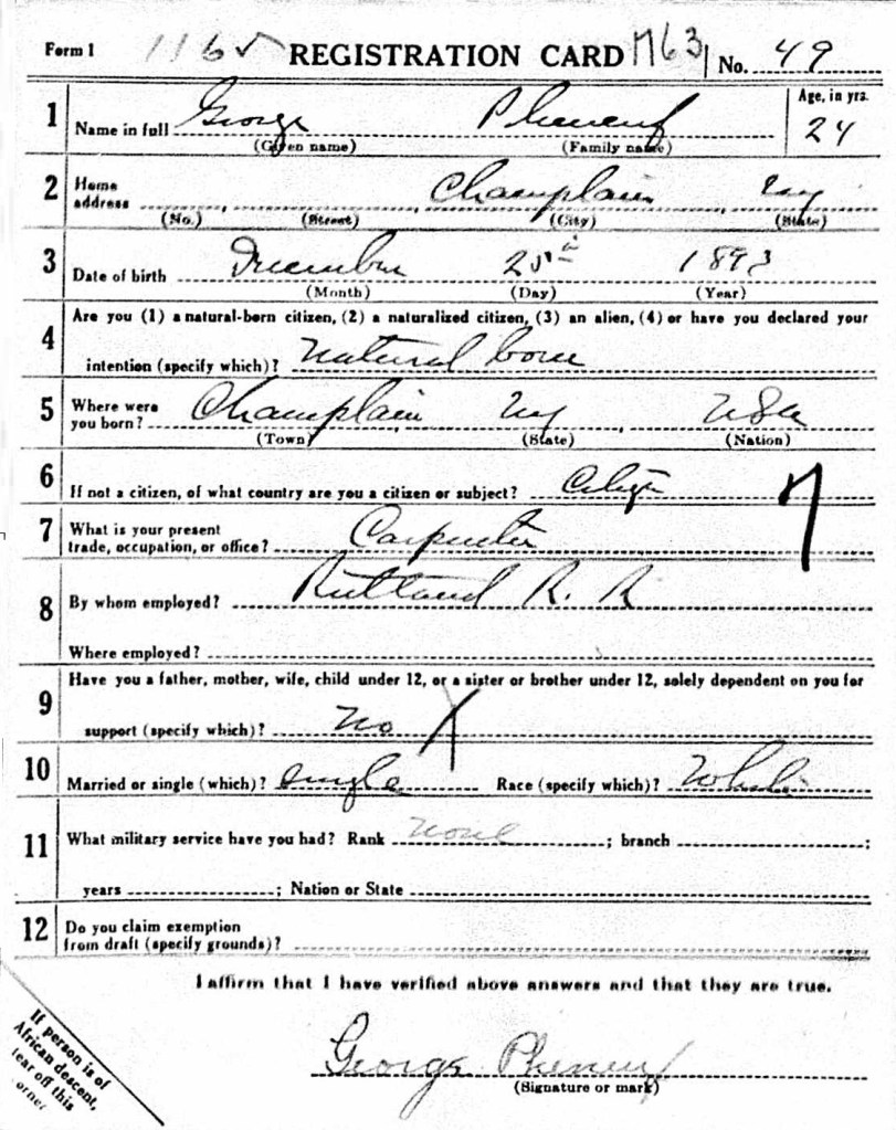 George's WWI draft registration showing both his work for the Rutland RR and his signature